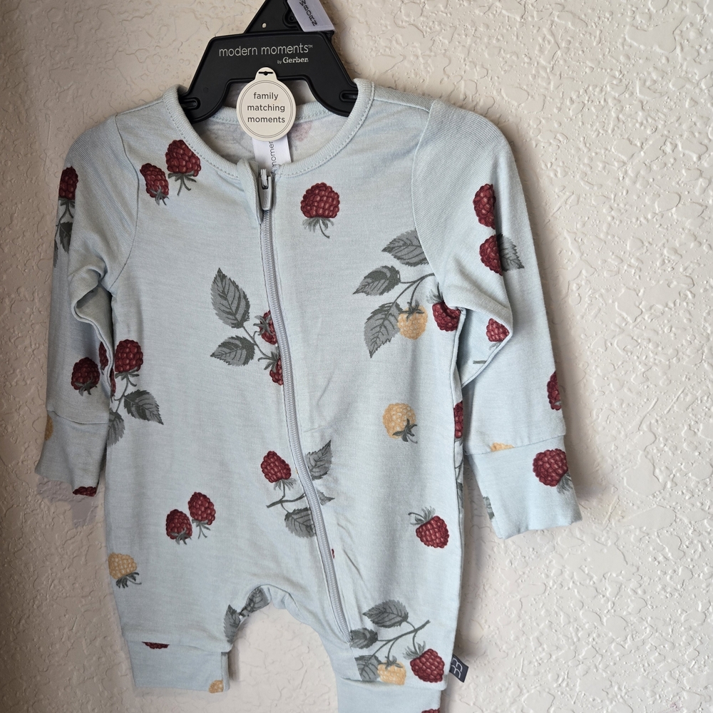 Gerber Light Blue Footed One-Piece with Raspberry Print
